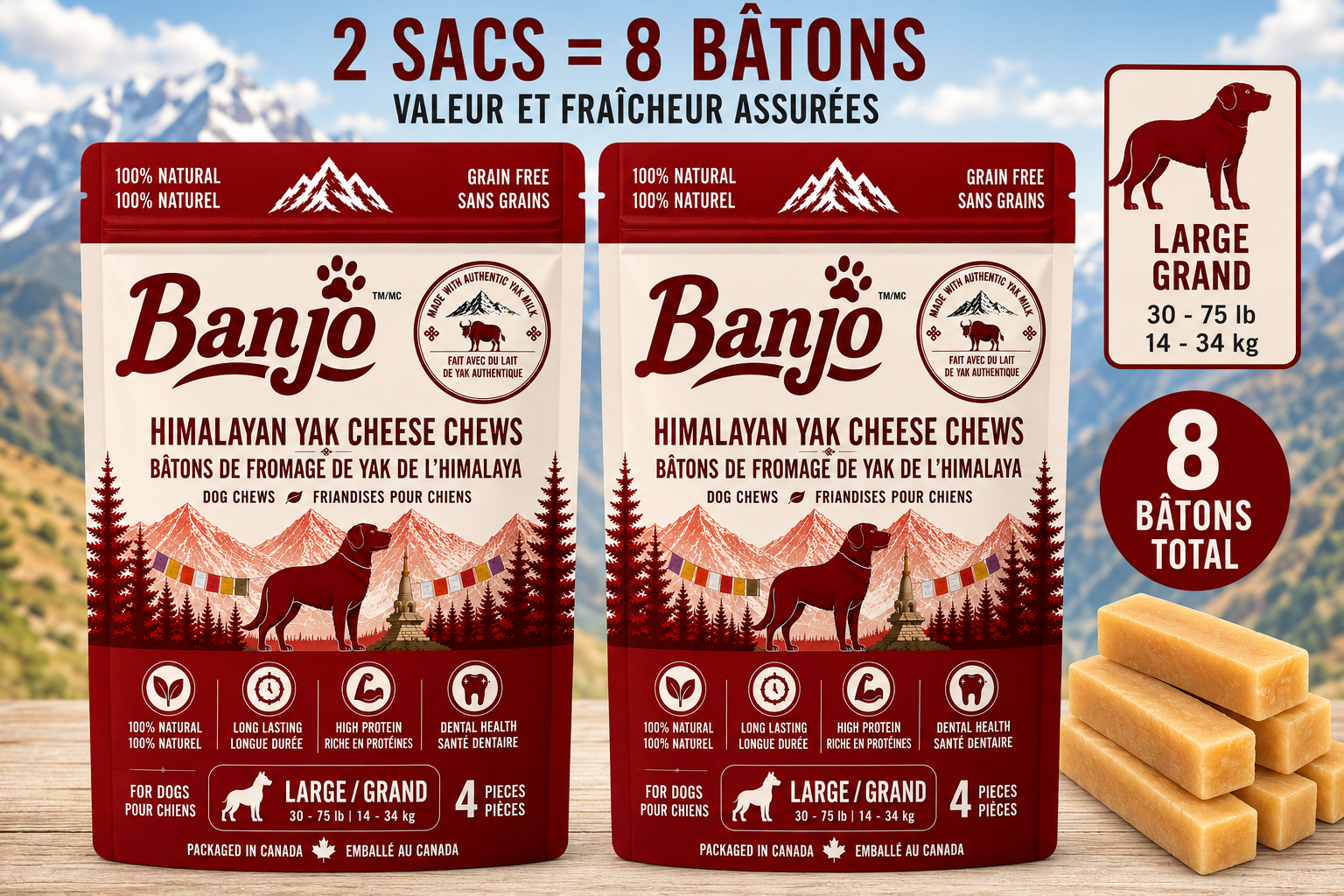 Banjo Himalayan Yak Cheese Dog Chews – Large Dogs – 8 Pack – 800 g