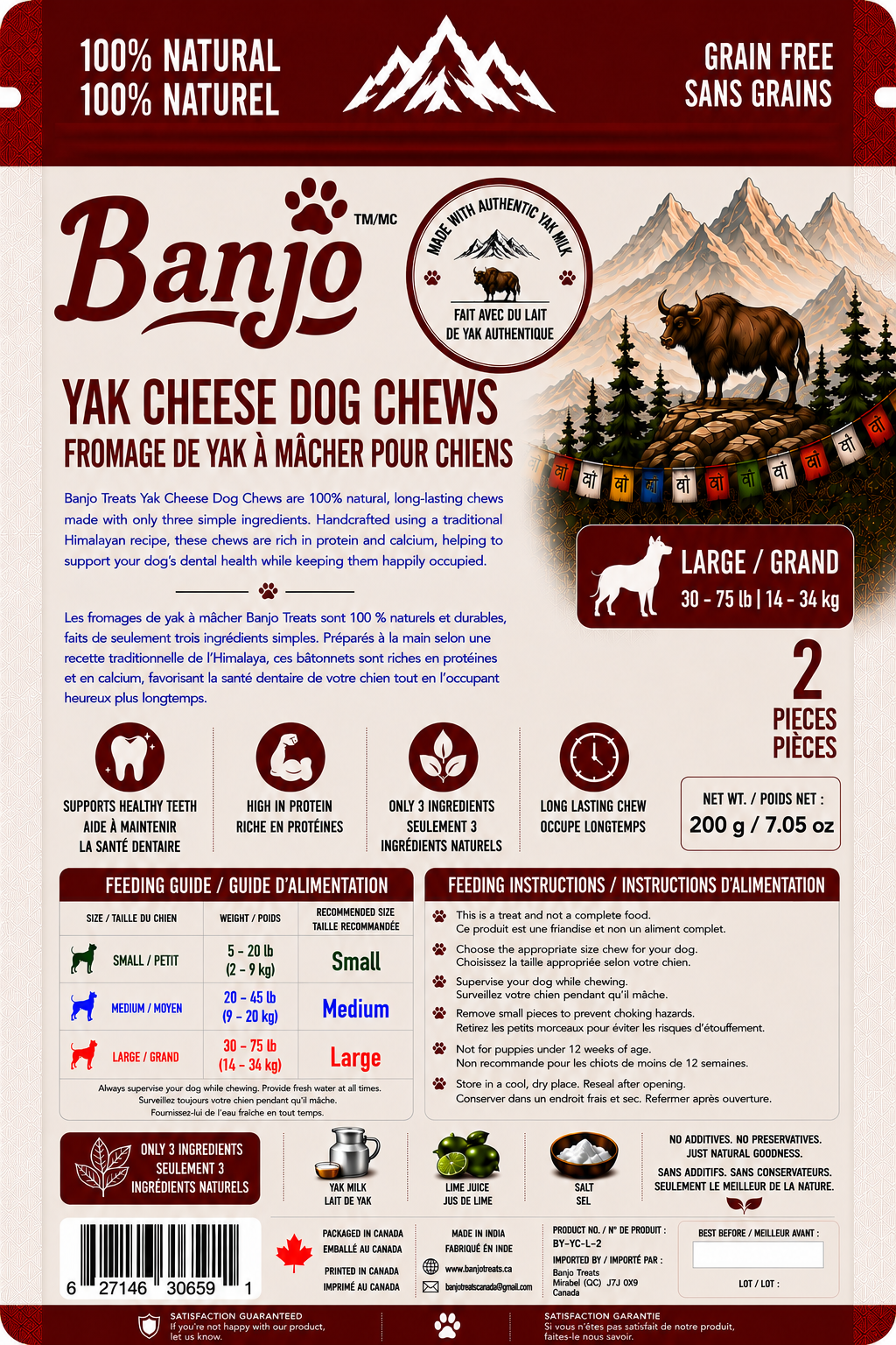 Banjo Himalayan Yak Cheese Dog Chews – Large Dogs – 2 Pack – 200 g