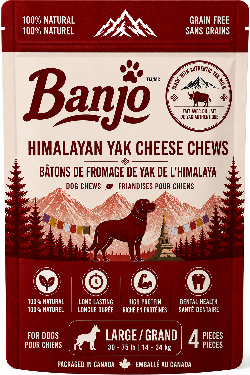 Banjo Himalayan Yak Cheese Dog Chews – Large Dogs – 4 Pack – 400 g