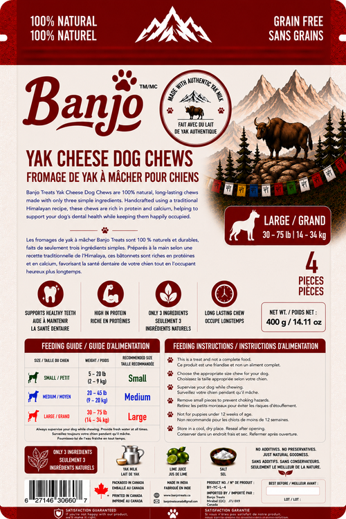Banjo Himalayan Yak Cheese Dog Chews – Large Dogs – 4 Pack – 400 g