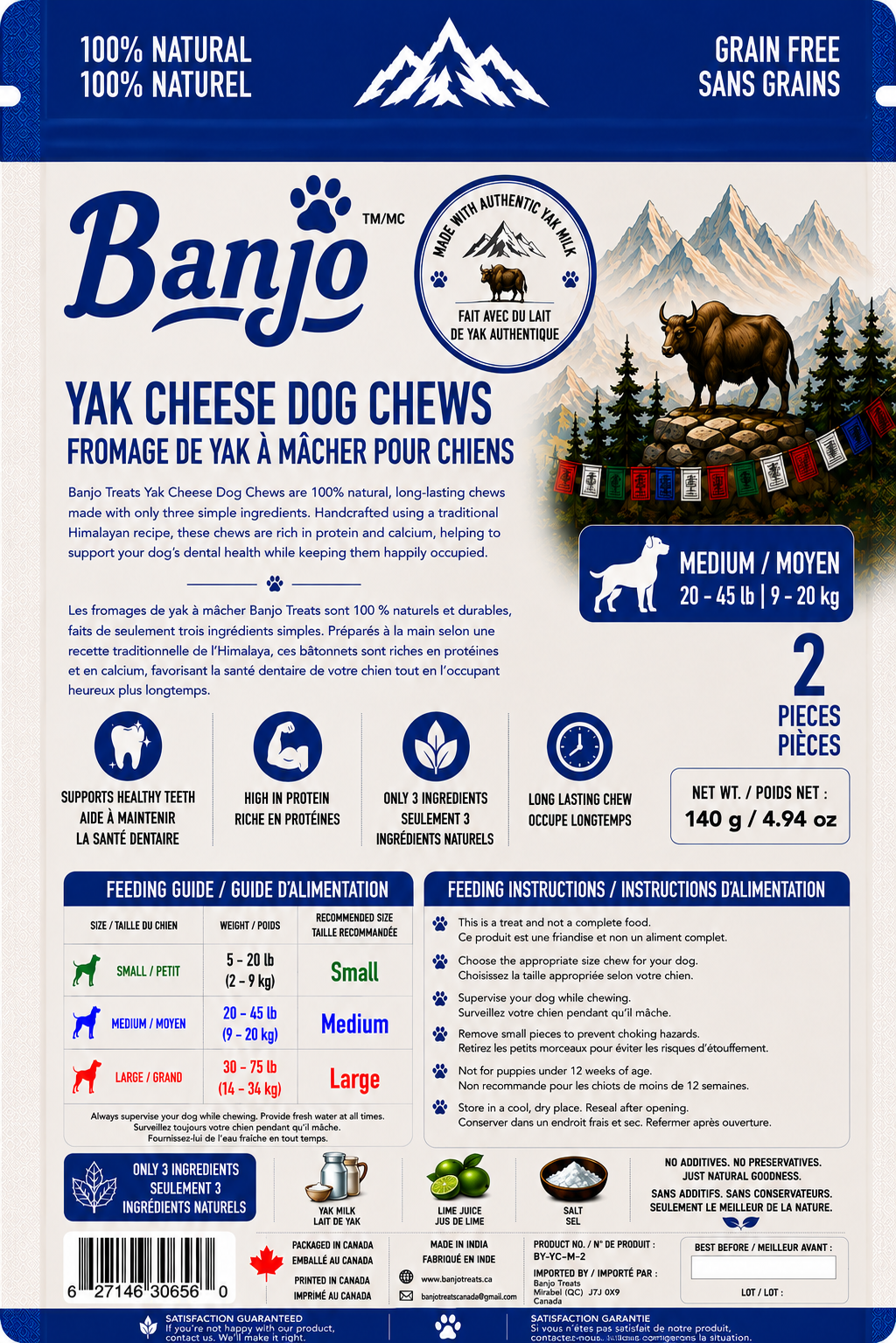 Banjo Himalayan Yak Cheese Dog Chews – Medium Dogs – 2 Pack – 140 g