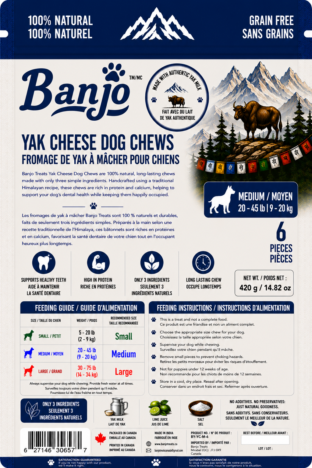 Banjo Himalayan Yak Cheese Dog Chews – Medium Dogs – 12 Pack – 840 g