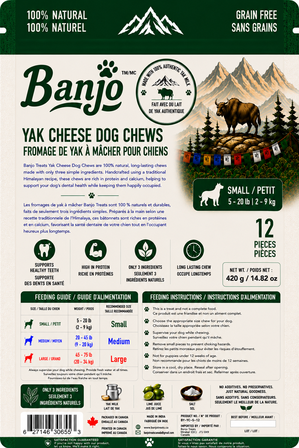 Banjo Himalayan Yak Cheese Dog Chews – Small Dogs – 12 Pack – 420 g
