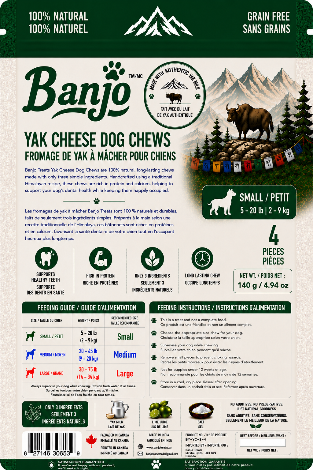 Banjo Himalayan Yak Cheese Dog Chews – Small Dogs – 4 Pack – 140 g
