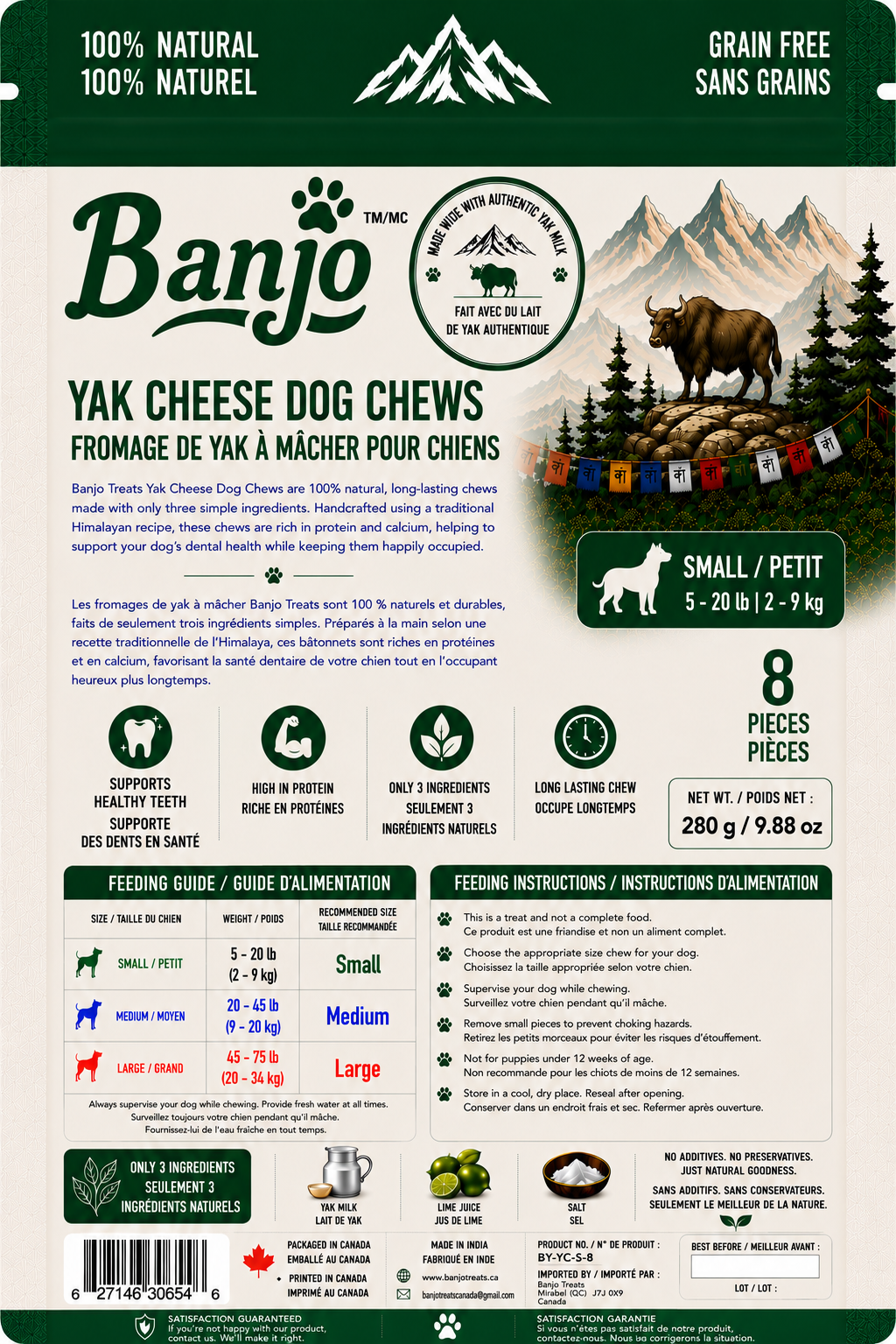 Banjo Himalayan Yak Cheese Dog Chews – Small Dogs – 8 Pack – 280 g